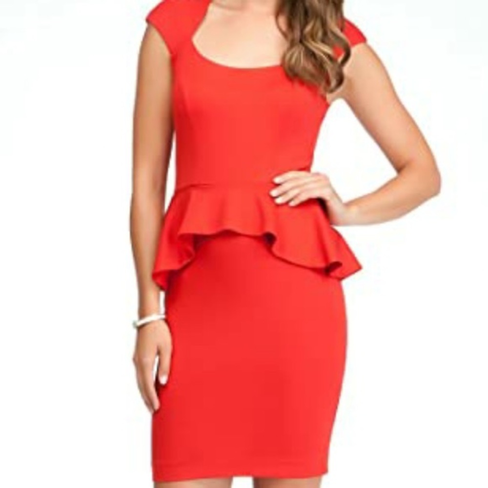 Bebe red mariah peplum dress with cap sleeves and back cut out detail size S